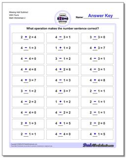 Missing Add Subtract With Fours /worksheets/missing-operations.html Worksheet