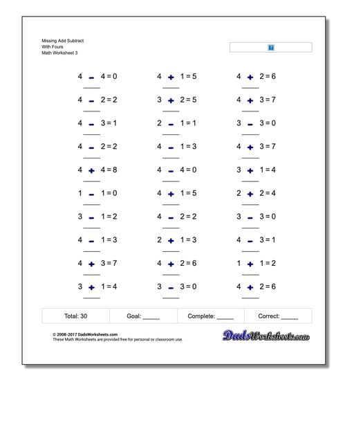 Missing Add Subtract With Fours Worksheet