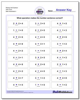 Missing Add Subtract With Fours Worksheet