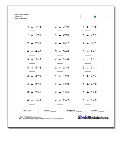 Missing Add Subtract With Fours Worksheet