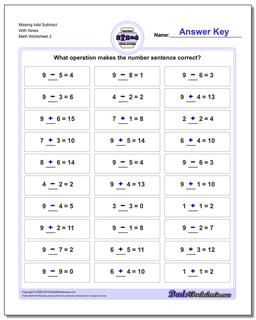 Missing Add Subtract With Nines /worksheets/missing-operations.html Worksheet