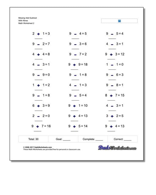Missing Add Subtract With Nines www.dadsworksheets.com/worksheets/missing-operations.html Worksheet