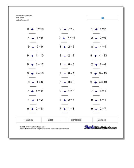 Missing Add Subtract With Nines Worksheet
