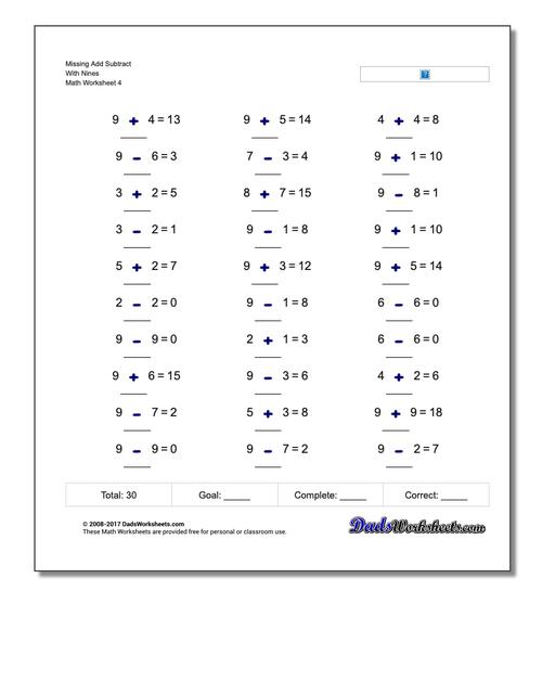 Missing Add Subtract With Nines Worksheet