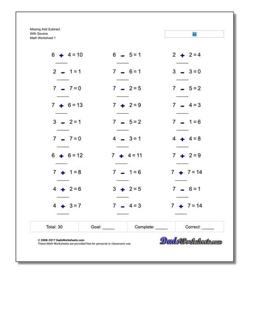 Missing Operations Add Subtract With Sevens Worksheet
