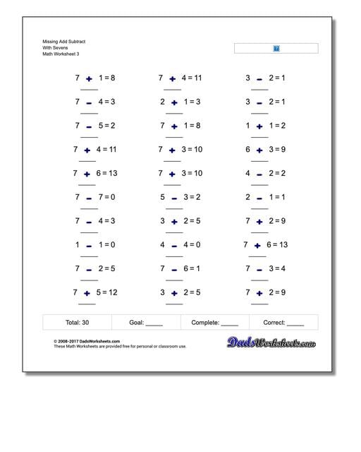 Missing Add Subtract With Sevens Worksheet