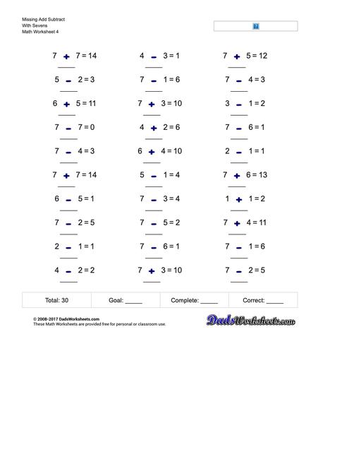 Missing Add Subtract With Sevens Worksheet