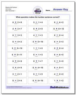 Missing Operations Add Subtract With Sixes Worksheet