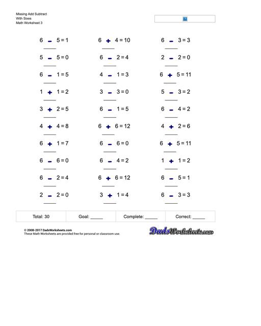Missing Add Subtract With Sixes Worksheet