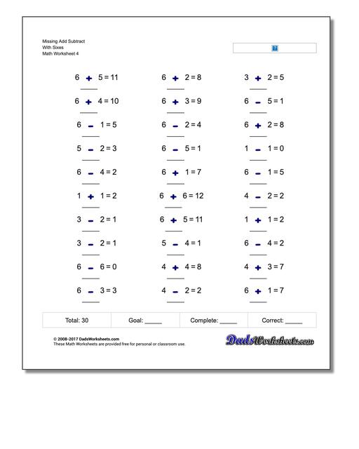 Missing Add Subtract With Sixes Worksheet
