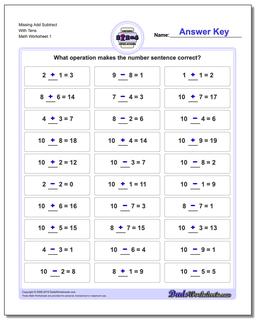 Missing Operations Add Subtract With Tens Worksheet