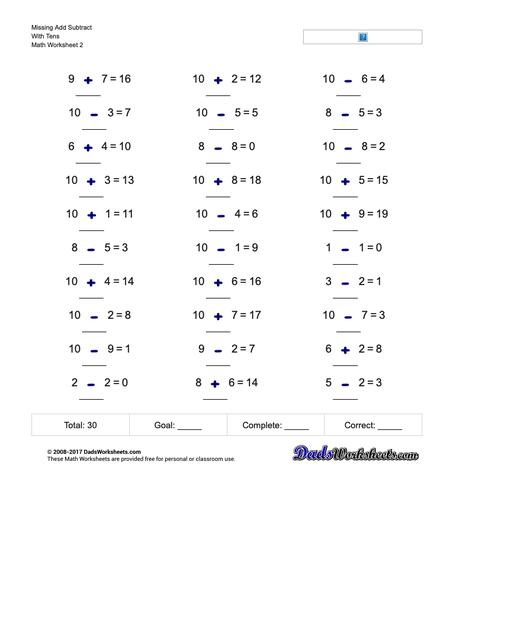Missing Add Subtract With Tens www.dadsworksheets.com/worksheets/missing-operations.html Worksheet