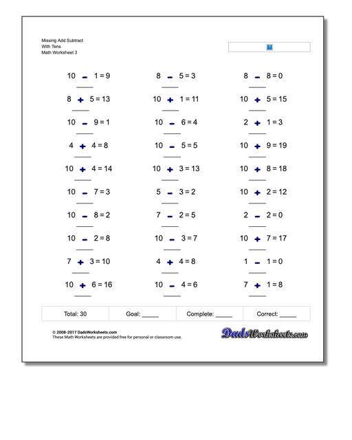 Missing Add Subtract With Tens Worksheet