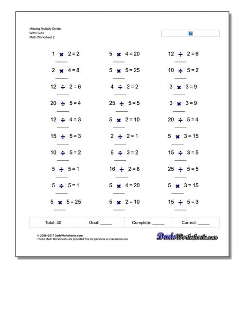 Missing Multiply Divide With Fives www.dadsworksheets.com/worksheets/missing-operations.html Worksheet