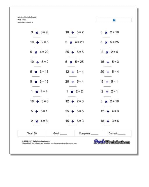 Multiplication and Division Missing Operation Worksheets