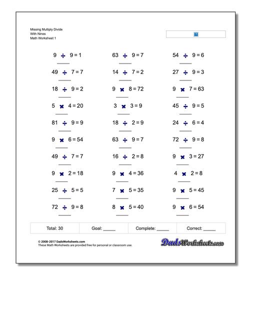 Multiplication and Division Missing Operation Worksheets