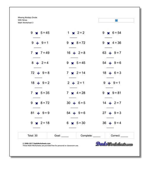 Missing Multiply Divide With Nines Worksheet