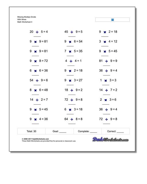 Missing Multiply Divide With Nines Worksheet