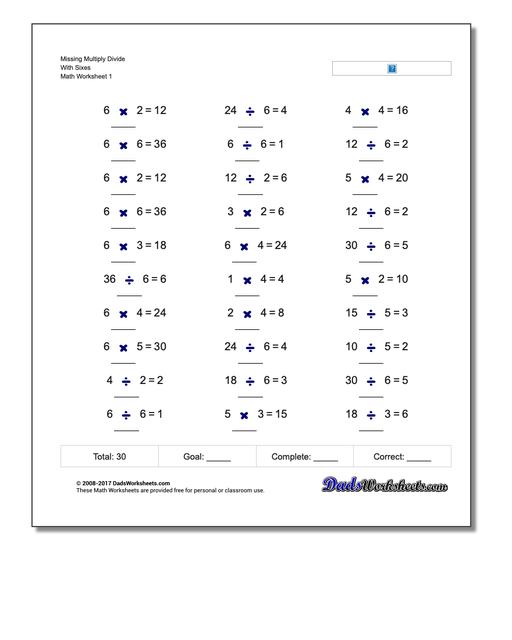Missing Operations Multiply Divide With Sixes Worksheet