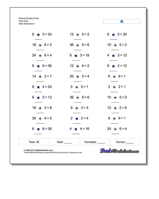 Missing Multiply Divide With Sixes Worksheet