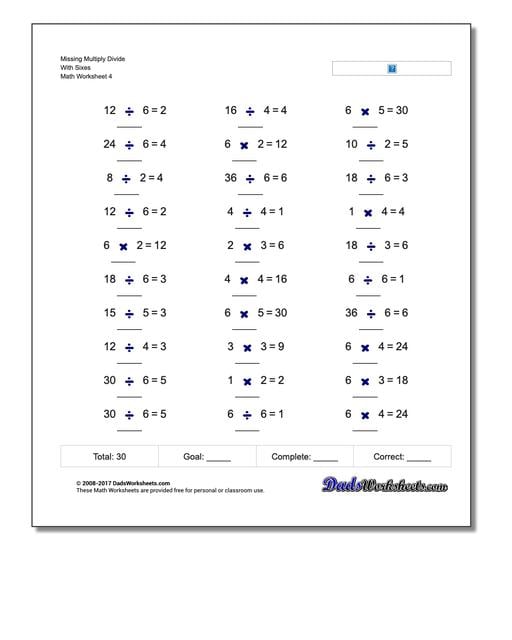 Missing Multiply Divide With Sixes Worksheet
