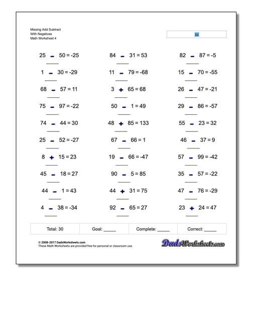 Missing Add Subtract With Negatives Worksheet