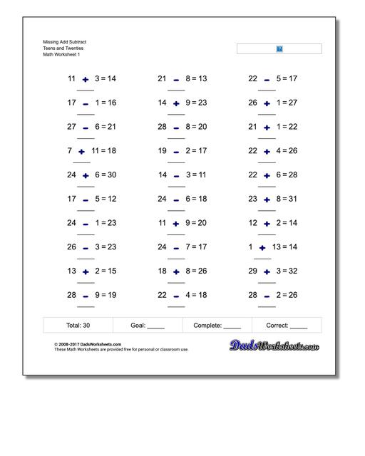 Missing Operations Add Subtract Teens and Twenties Worksheet