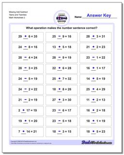 Missing Add Subtract Teens and Twenties /worksheets/missing-operations.html Worksheet