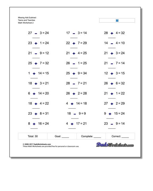 Missing Add Subtract Teens and Twenties www.dadsworksheets.com/worksheets/missing-operations.html Worksheet