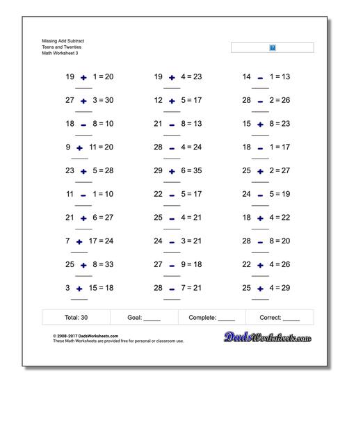 Missing Add Subtract Teens and Twenties Worksheet