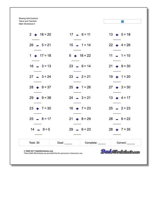 Missing Add Subtract Teens and Twenties Worksheet