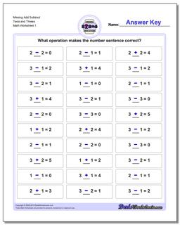 Missing Operations Add Subtract Twos and Threes Worksheet
