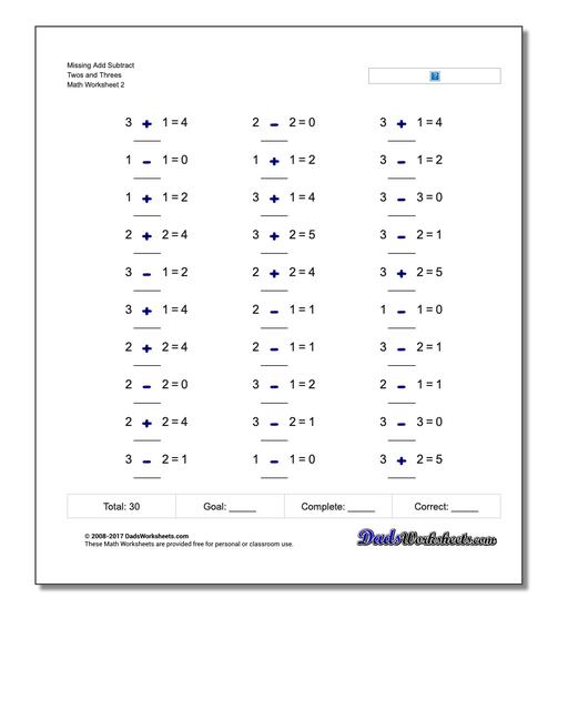 Missing Add Subtract Twos and Threes www.dadsworksheets.com/worksheets/missing-operations.html Worksheet