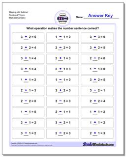 Missing Add Subtract Twos and Threes Worksheet