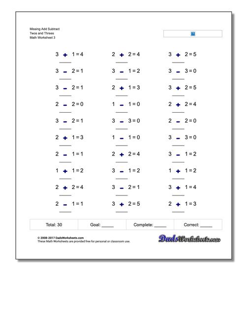 Missing Add Subtract Twos and Threes Worksheet