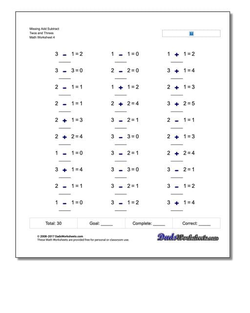 Missing Add Subtract Twos and Threes Worksheet
