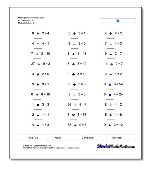 Missing Operation Worksheet All Operations4