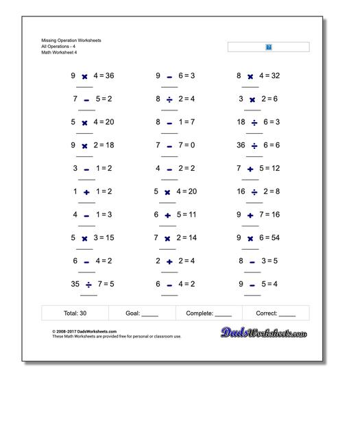 Missing Operation Worksheet All Operations4