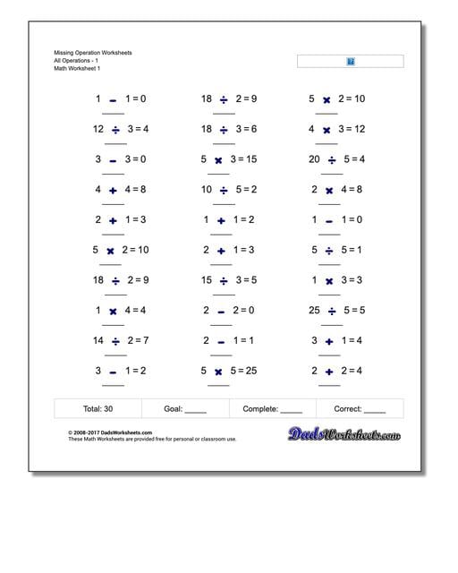 grade 1 8 worksheets algebra Operations All