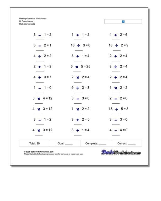 Missing Operation Worksheet All Operations1 www.dadsworksheets.com/worksheets/missing-operations.html