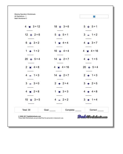 Missing Operation Worksheet All Operations1