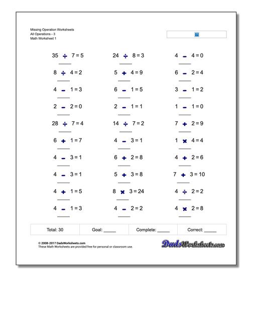 Missing Operations Operation Worksheet All3
