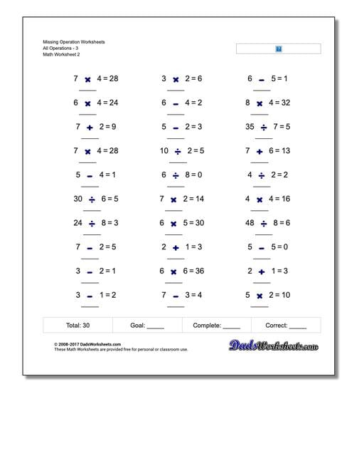 Missing Operation Worksheet All Operations3 www.dadsworksheets.com/worksheets/missing-operations.html