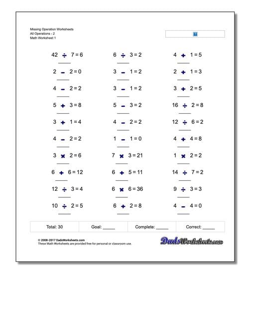 Missing Operations Operation Worksheet All2