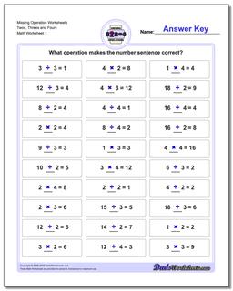 Missing Operations Operation Worksheet Twos, Threes and Fours