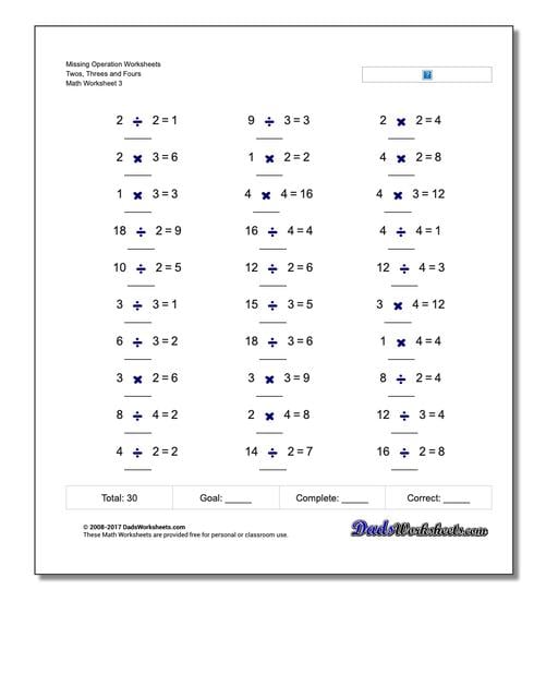Missing Operation Worksheet Twos, Threes and Fours