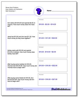 Addition Worksheet and Subtraction Worksheet Money Word Problems Worksheet