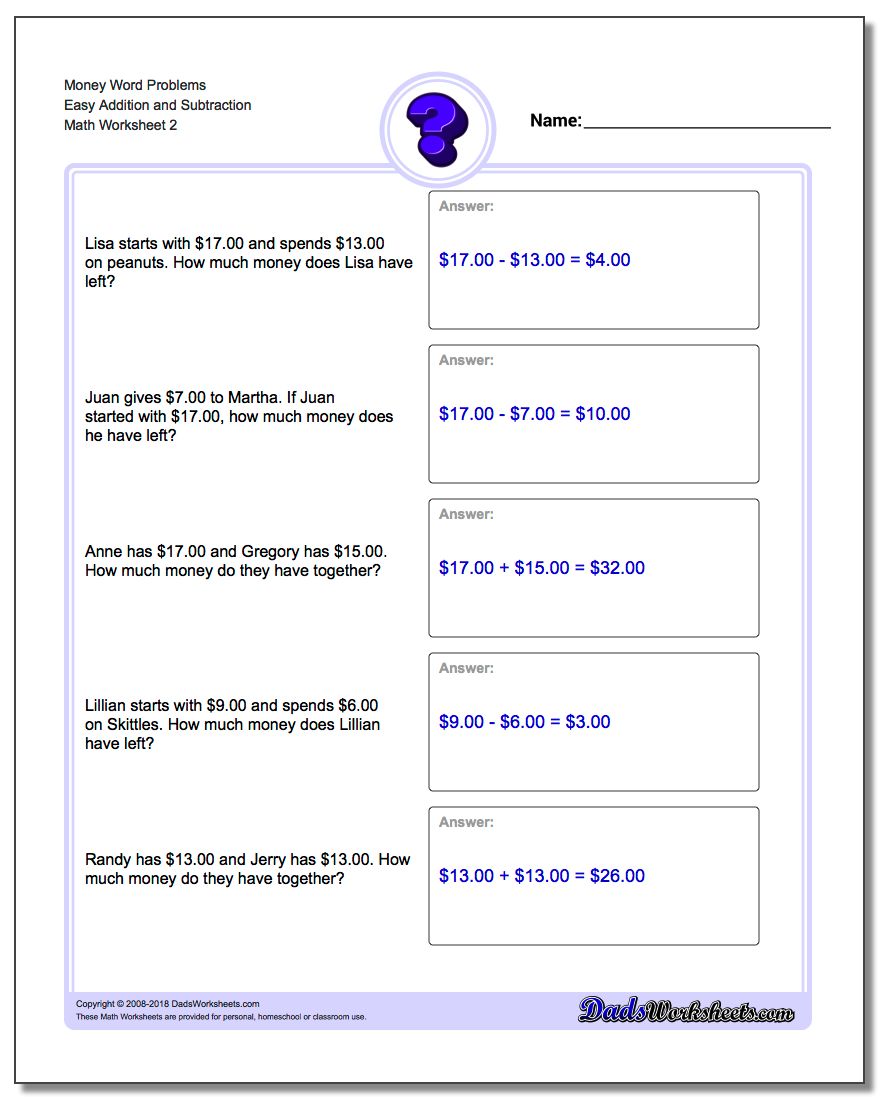 Money Word Problems Worksheet Easy Addition Worksheet and Subtraction Worksheet www.dadsworksheets.com/worksheets/money-word-problems.html