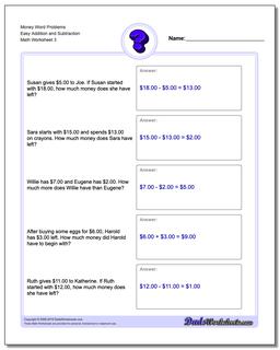 Money Word Problems Worksheet Easy Addition Worksheet and Subtraction Worksheet