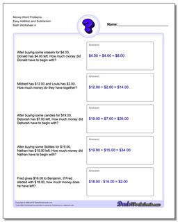 Money Word Problems Worksheet Easy Addition Worksheet and Subtraction Worksheet